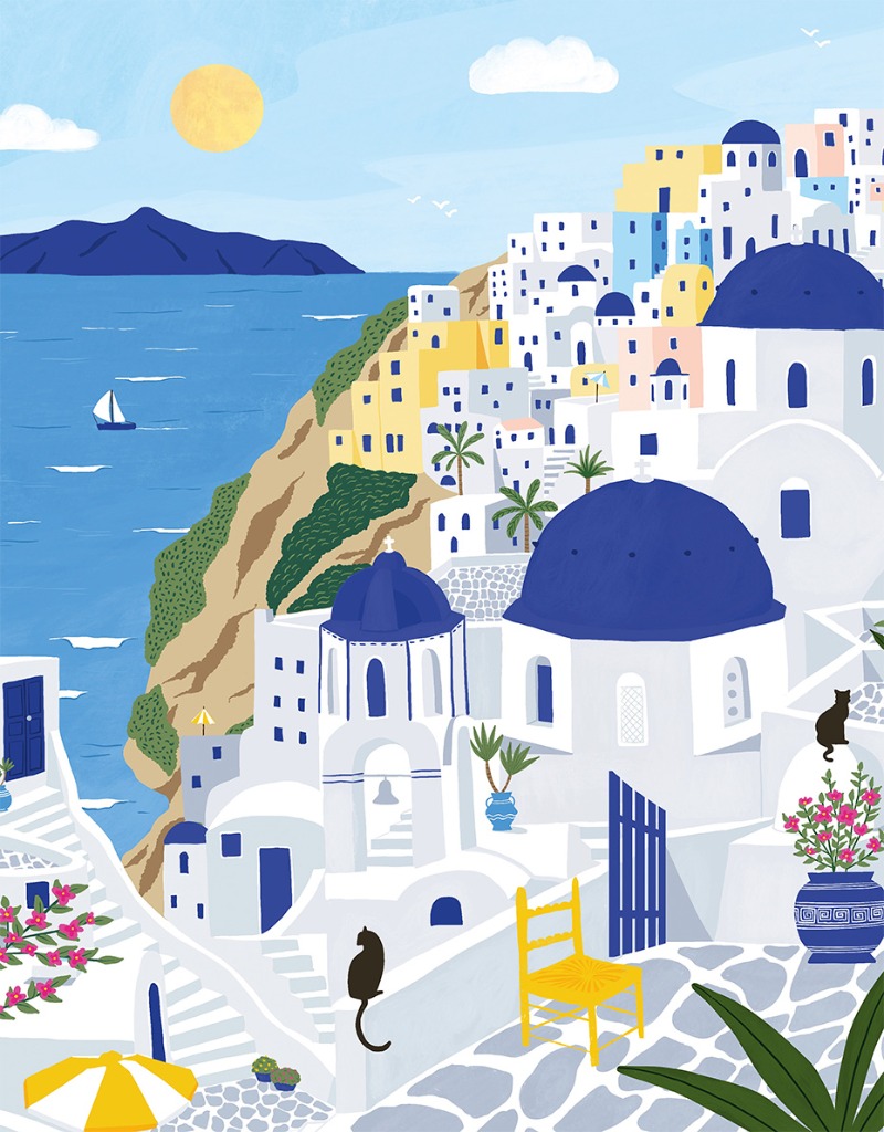 A sunny illustration of a Greek hillside village overlooking the sea with blue-domed churches and two black cats.