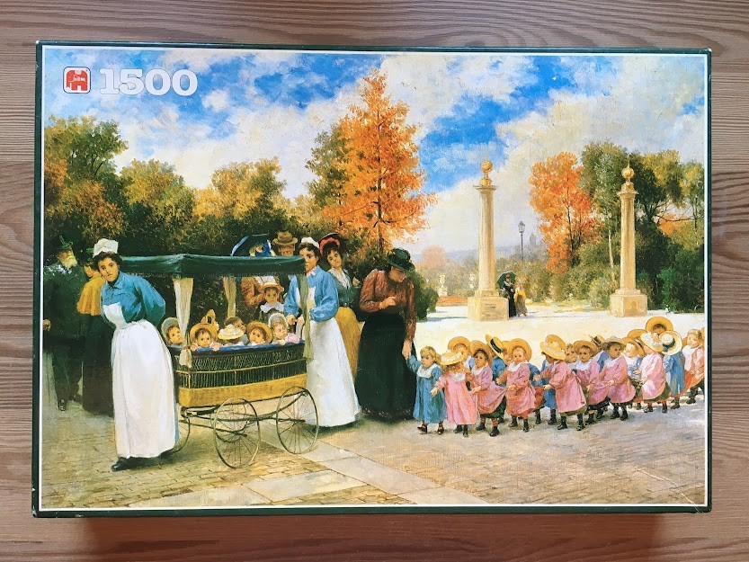 An oil painting of a nursemaid pushing a multi-seat carriage of toddlers followed by a line of children in a park.