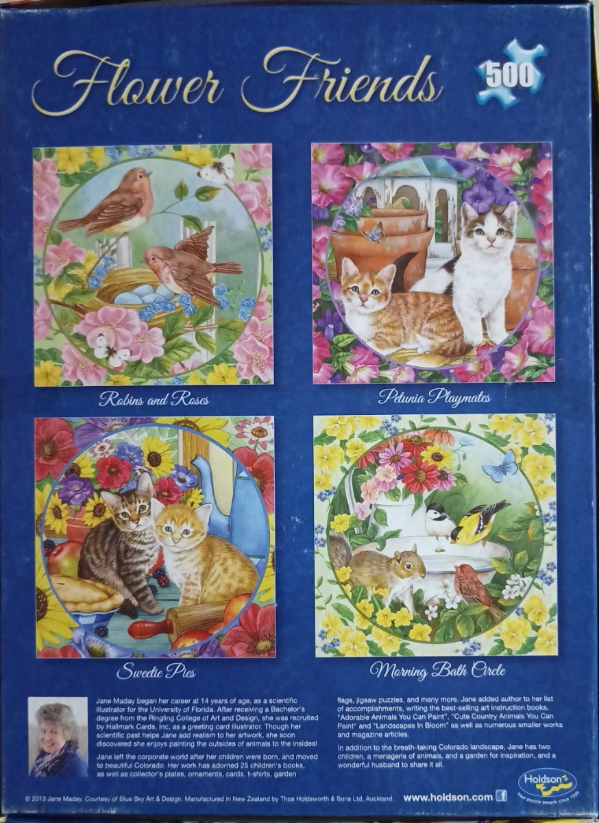 Four circular illustrations of kittens, birds, and squirrels surrounded by vibrant flowers.