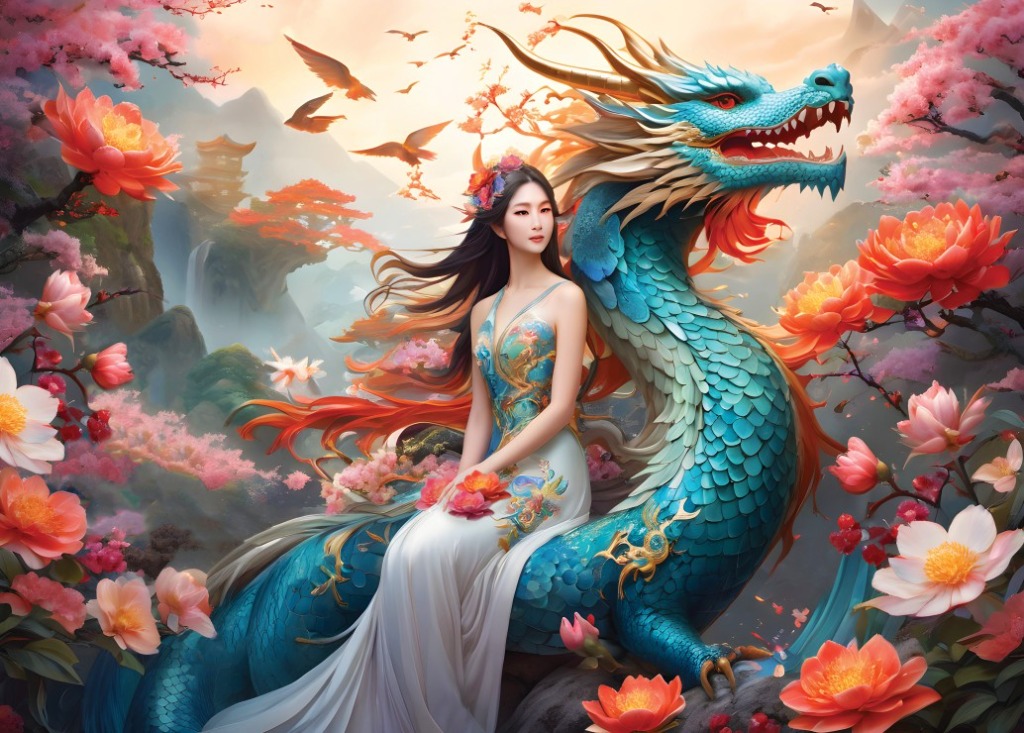 A graceful woman in a flowing gown sits alongside a vibrant turquoise dragon amidst blooming cherry blossoms.