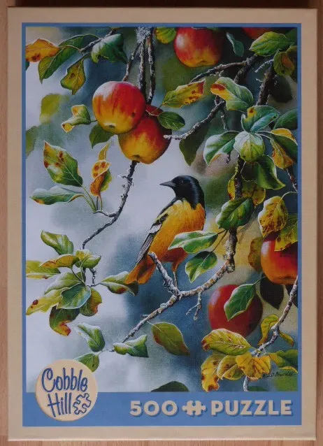 An illustration of an oriole perched on an apple tree branch with red apples and green and yellow leaves.