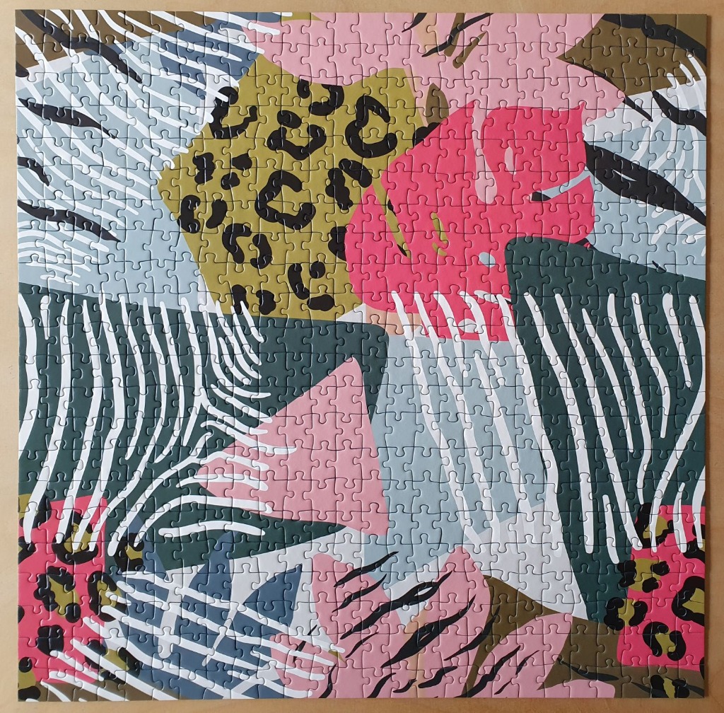 Abstract graphic pattern featuring leopard print, zebra stripes, and botanical leaves in pink, grey, green, and gold.