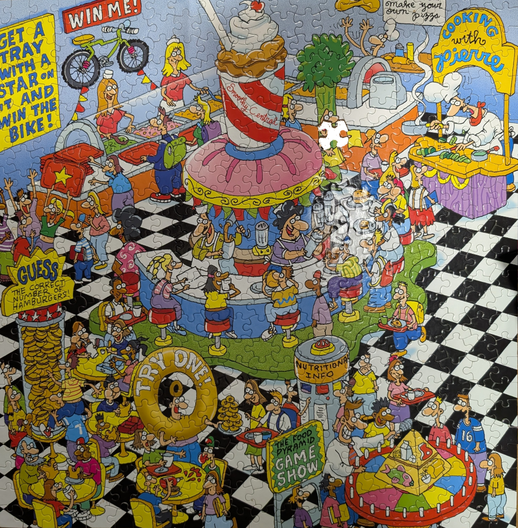 Cartoon illustration of a busy food court with many diners, a giant smoothie cup centerpiece, and various game stations.