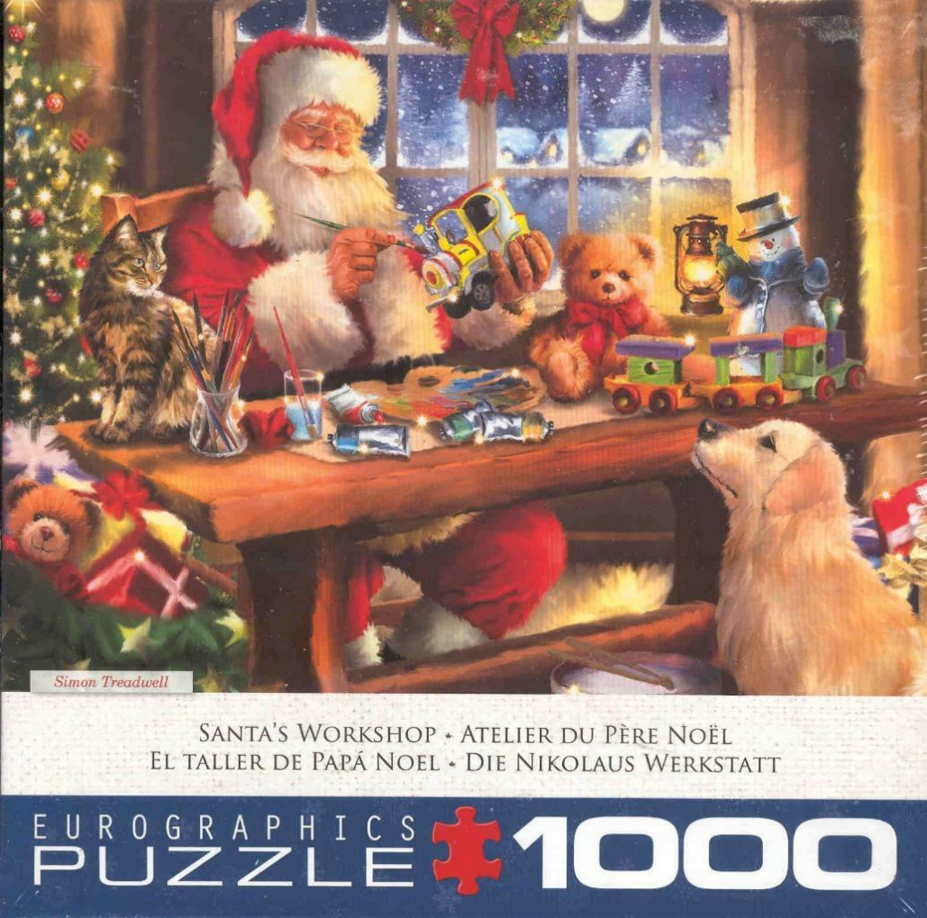 Santa Claus painting a toy train in his workshop with a cat and dog by his side