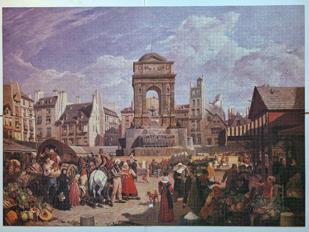 A bustling 19th-century Parisian marketplace scene featuring the Fontaine des Innocents in the center.