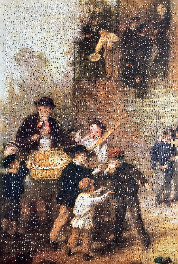 A vintage painting of a street vendor selling pretzels to a crowd of children.