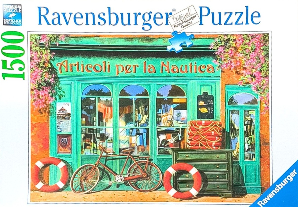 A charming Italian nautical supply shop storefront with a bicycle, lifebuoys, and pink flowers in an impressionistic style.