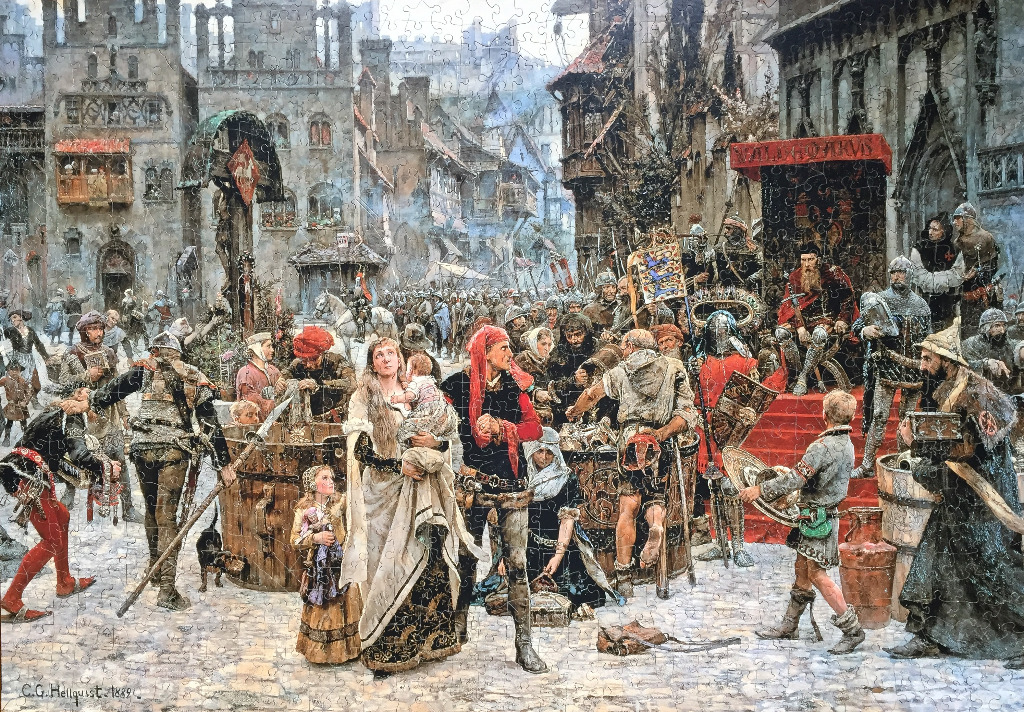 A historical painting depicting the plundering of a medieval town with a central figure of a woman holding a child.