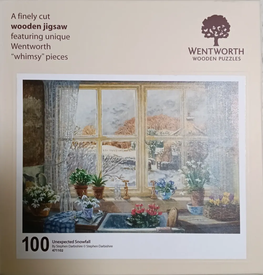 Oil painting of a sunlit kitchen window sill overlooking a snowy winter garden with blooming indoor plants.