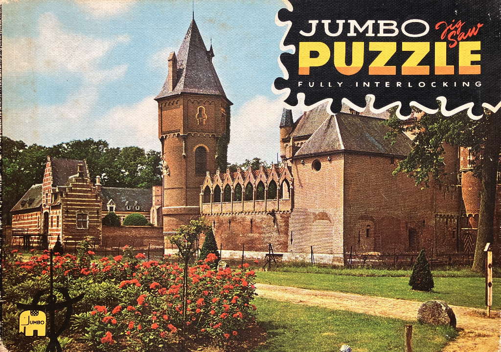 A vintage-style illustration of a Dutch brick castle with a rose garden in the foreground.
