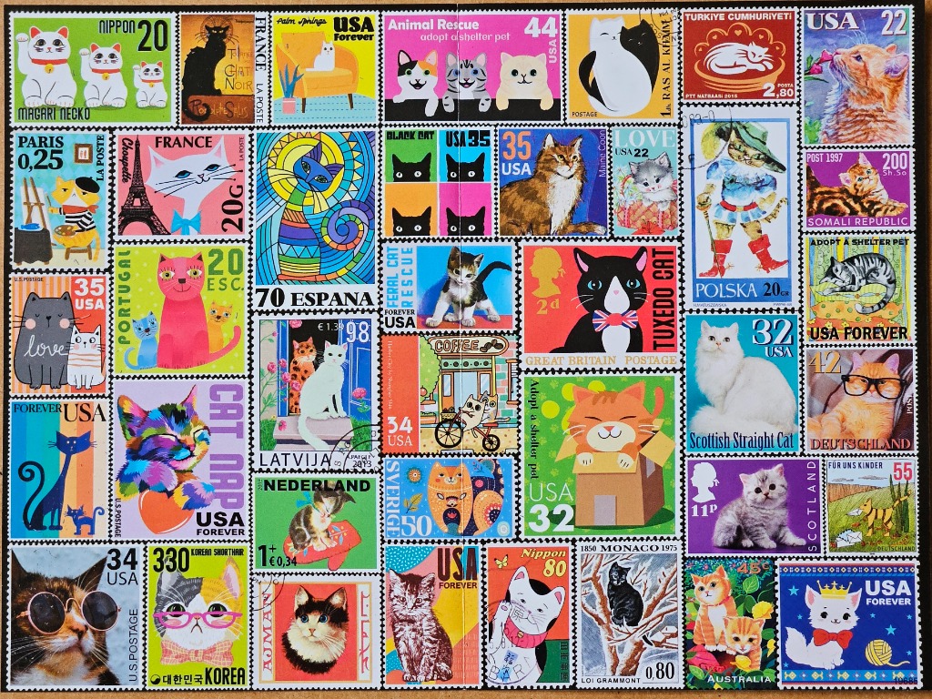 A dense grid of colorful, vintage-style postage stamps featuring a wide variety of domestic cats.
