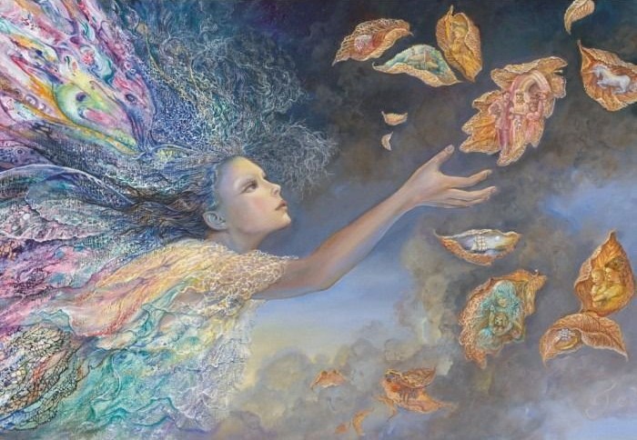 A surreal painting of a woman reaching toward floating, translucent autumn leaves containing tiny vignettes of life scenes.