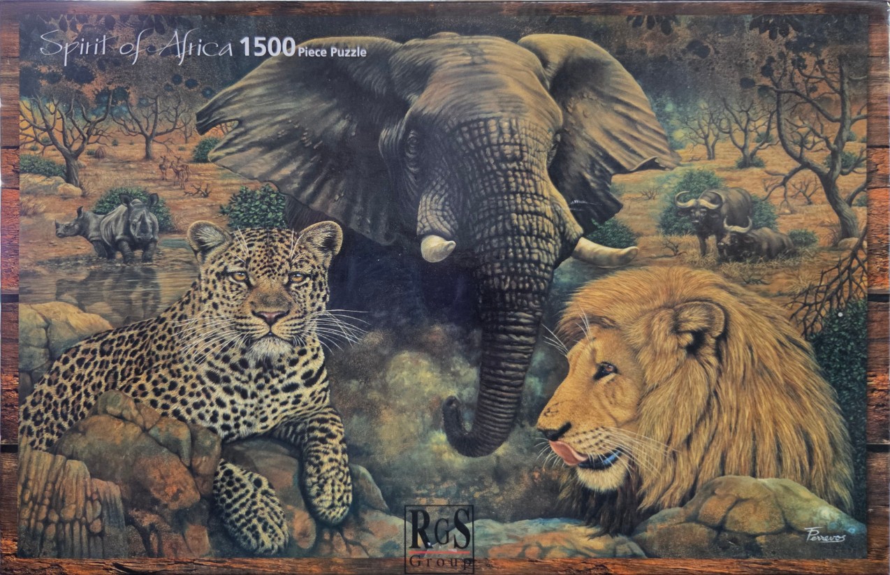 A realistic wildlife painting featuring an elephant, leopard, lion, rhinoceros, and buffalo in an African savannah setting.