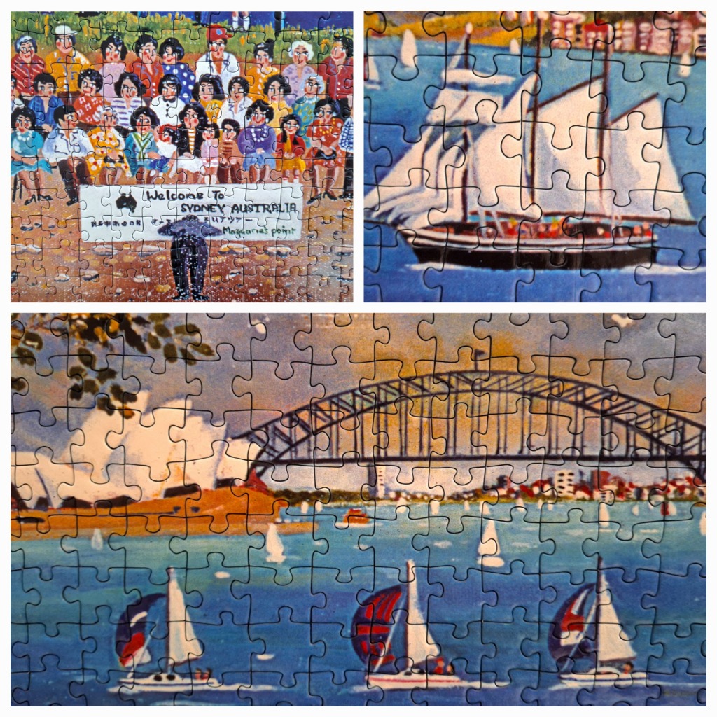 A collage of three scenes featuring the Sydney Harbour Bridge, the Opera House, a crowd of tourists, and sailing boats.