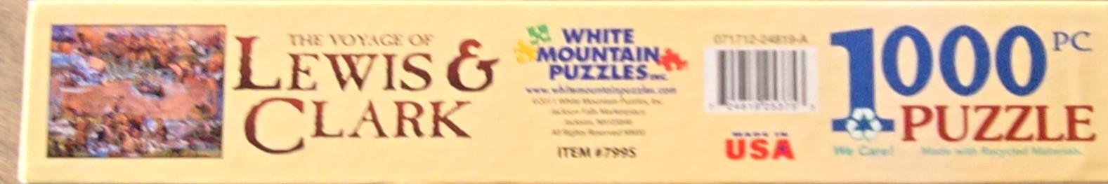 The Voyage of Lewis & Clark 1000 PC Puzzle. Colorful artwork with blue text on yellow.