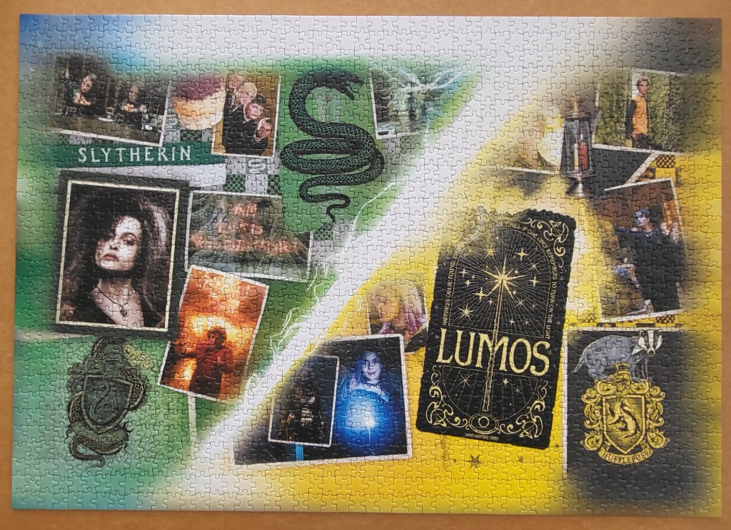 A Harry Potter themed collage featuring Slytherin and Hufflepuff imagery divided by a diagonal light effect.