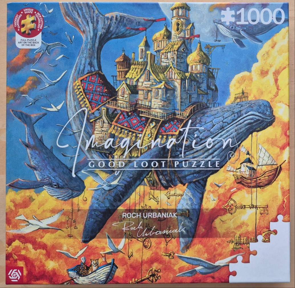 A whimsical illustration of a massive whale carrying a golden castle through a dreamlike sky with birds and keys.