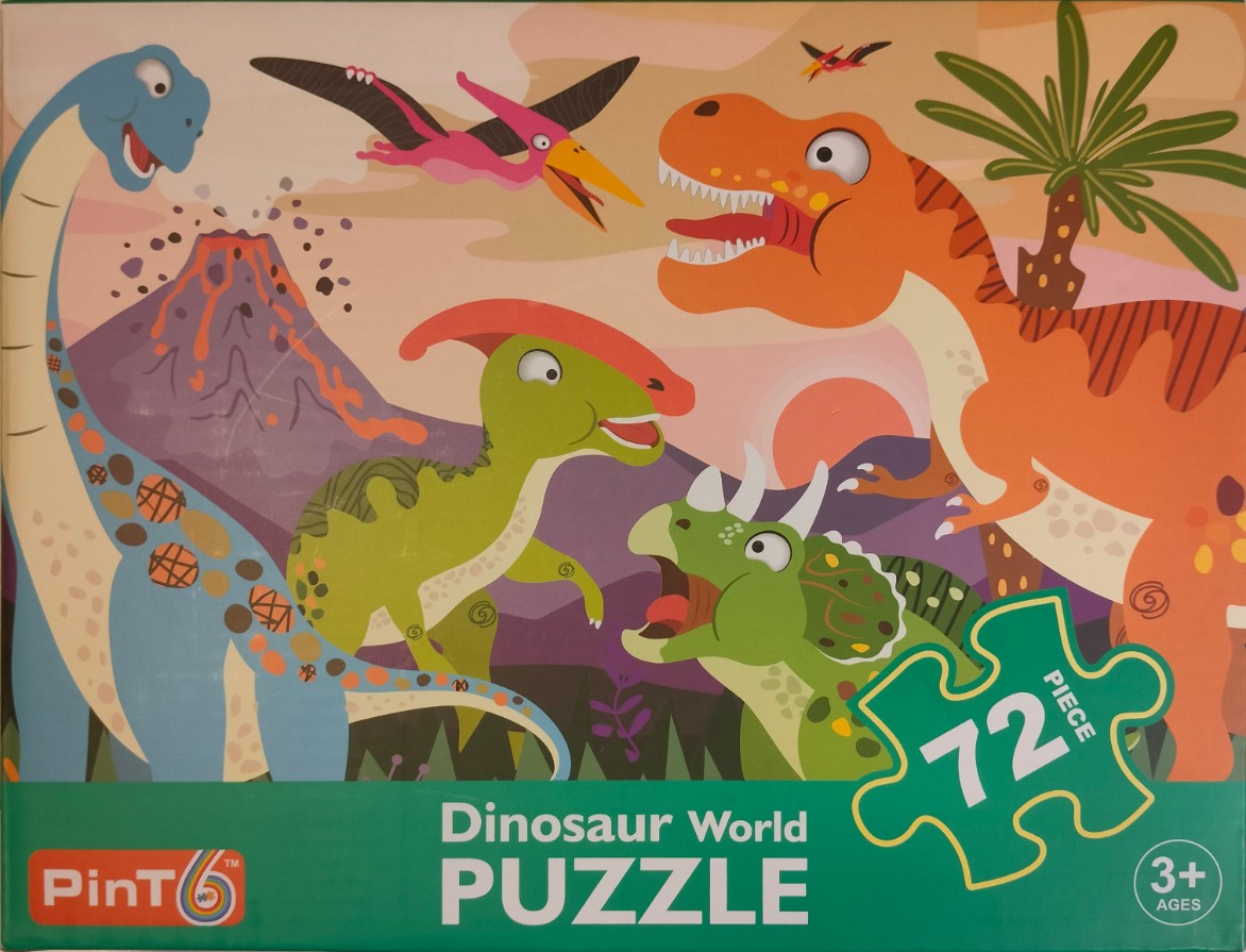 Cartoon illustration of various dinosaurs in a prehistoric volcanic landscape