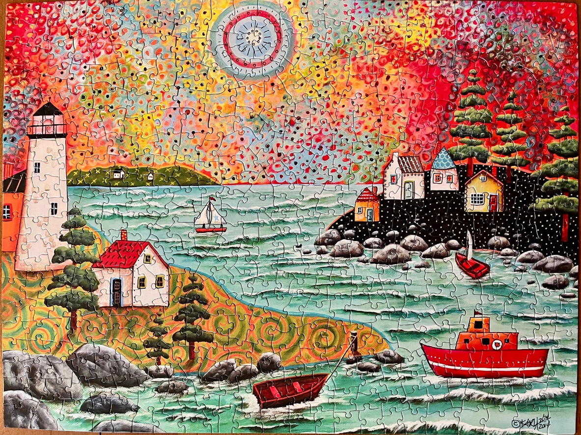 A whimsical coastal painting featuring a lighthouse, colorful houses, and red boats under a vibrant, abstract sky.