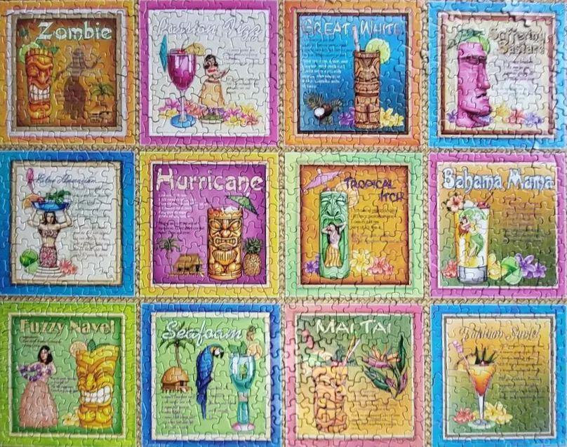 A collage of twelve tiki-themed cocktail illustrations, each with a drink recipe, drink, and tropical motif.