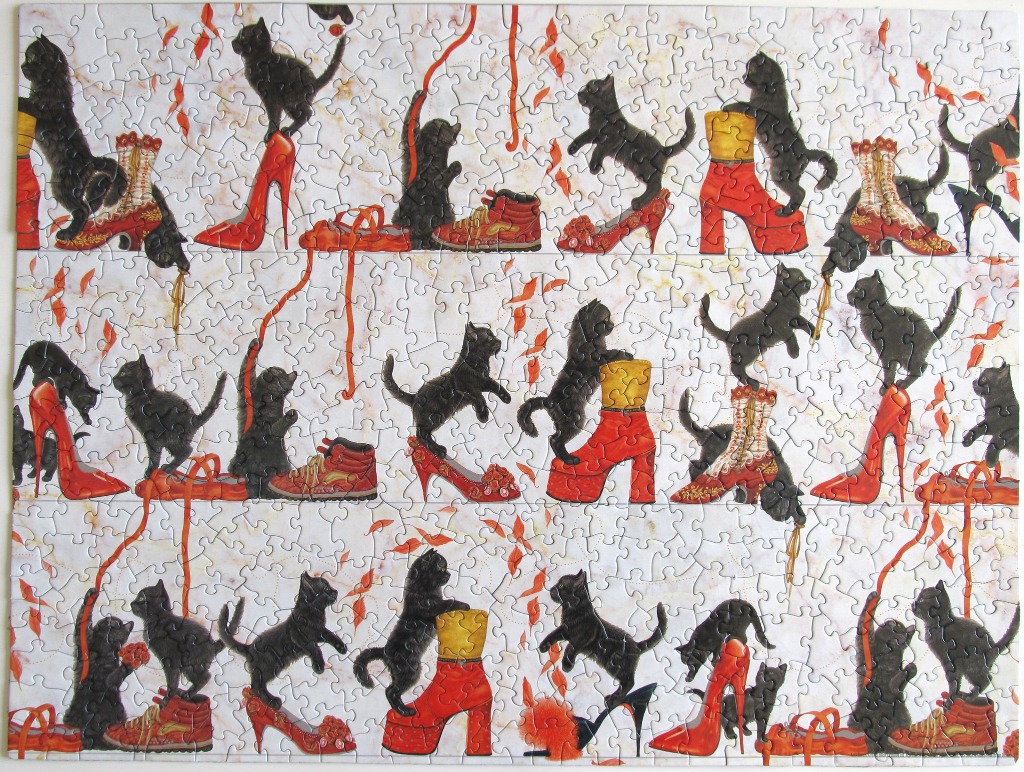 A whimsical illustration of many black kittens playing with various red shoes on a marble background.