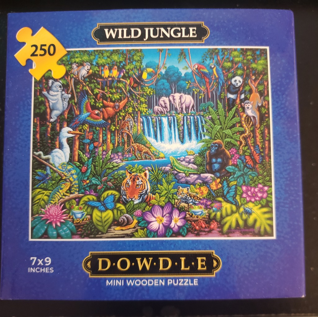 A lush jungle scene filled with diverse wildlife including a tiger, gorilla, elephants, and various tropical birds.