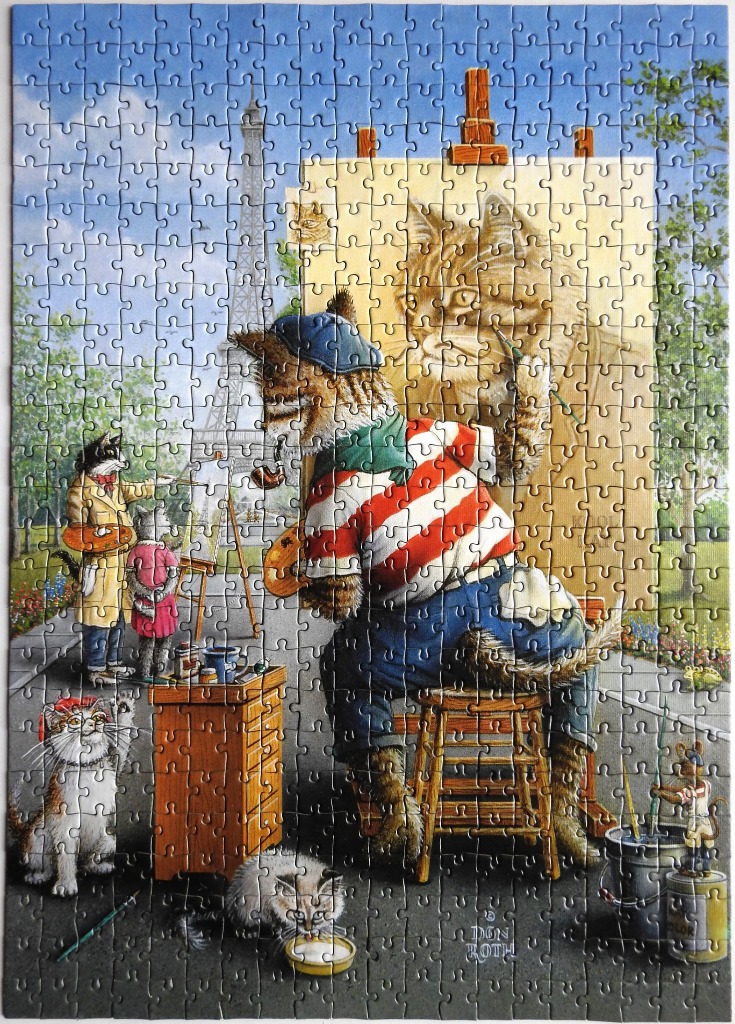 An illustration of anthropomorphic cats painting in front of the Eiffel Tower in Paris.