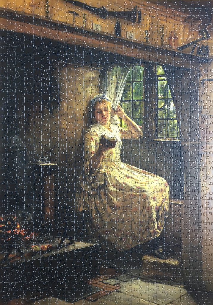 A young woman in a floral dress reading by a window in a rustic room.