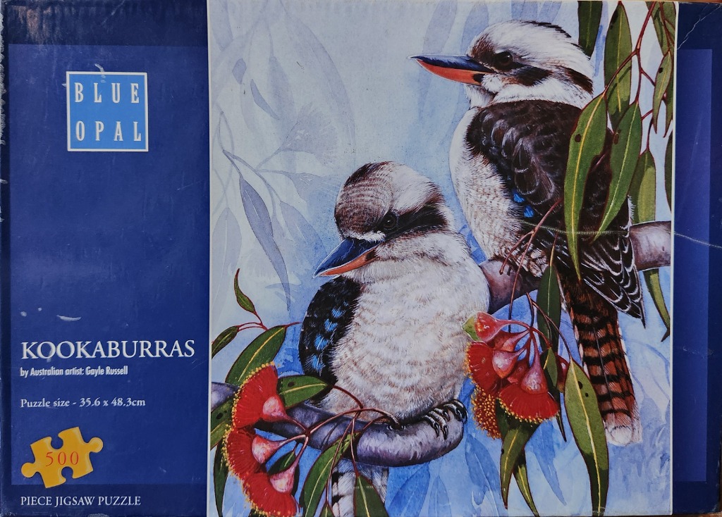 Painting of two kookaburras perched on a flowering eucalyptus branch.