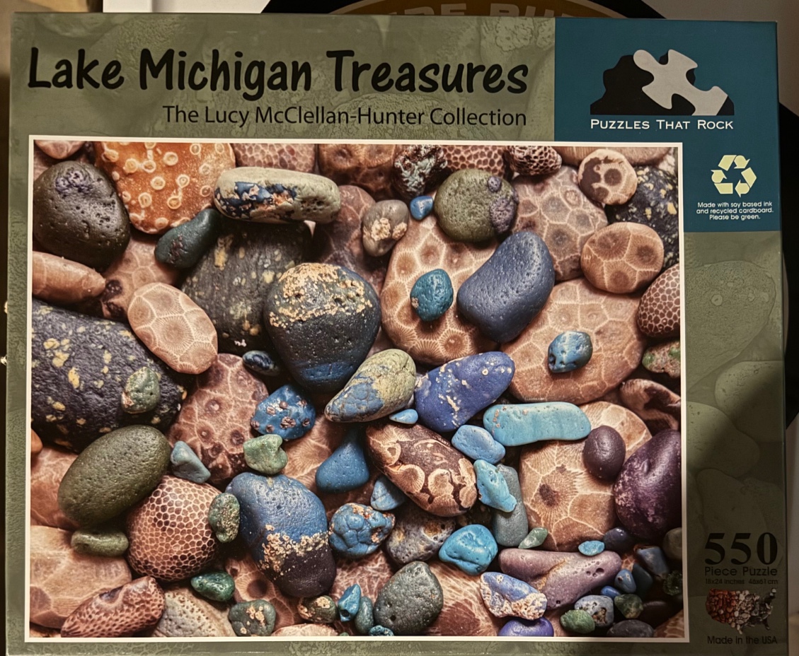 A close-up photograph of a collection of smooth, colourful Lake Michigan beach stones and fossils.