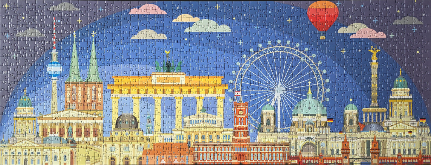 A stylized vector illustration of the Berlin skyline at twilight featuring famous landmarks.