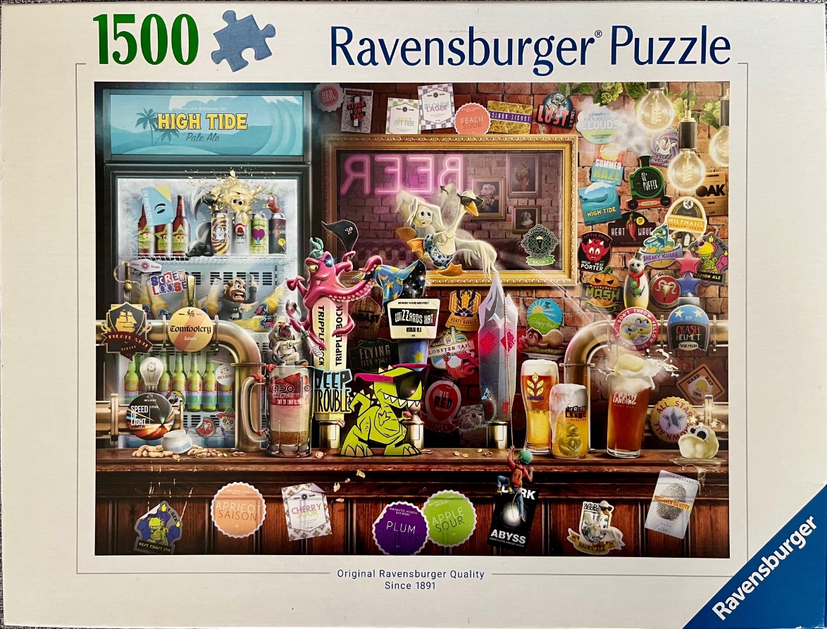 A whimsical scene inside a colorful, cluttered craft beer pub featuring cartoon mascots and beer-themed signs.