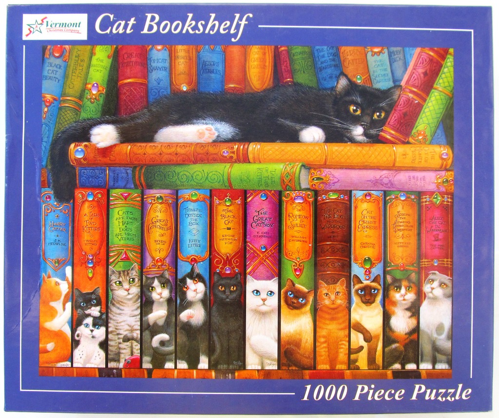 A black cat lies on top of a bookshelf filled with colourful, cat-themed book titles and vertical portraits of cats.