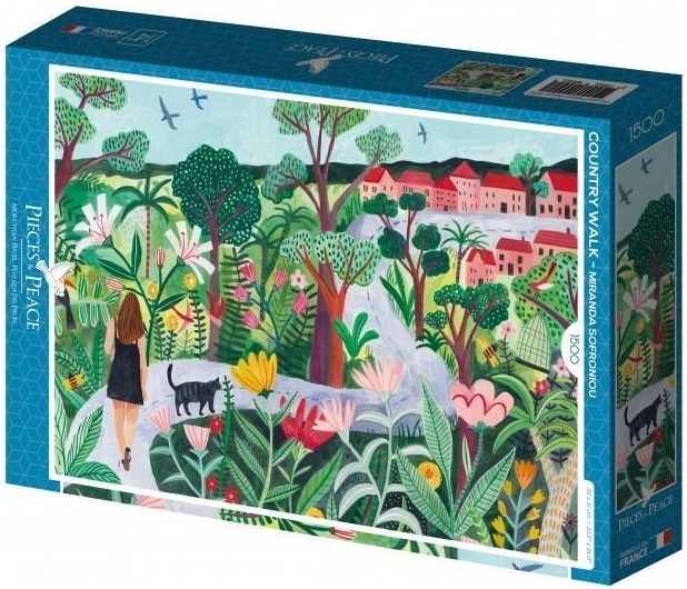 A whimsical illustration of a woman and a black cat walking along a path toward a village.