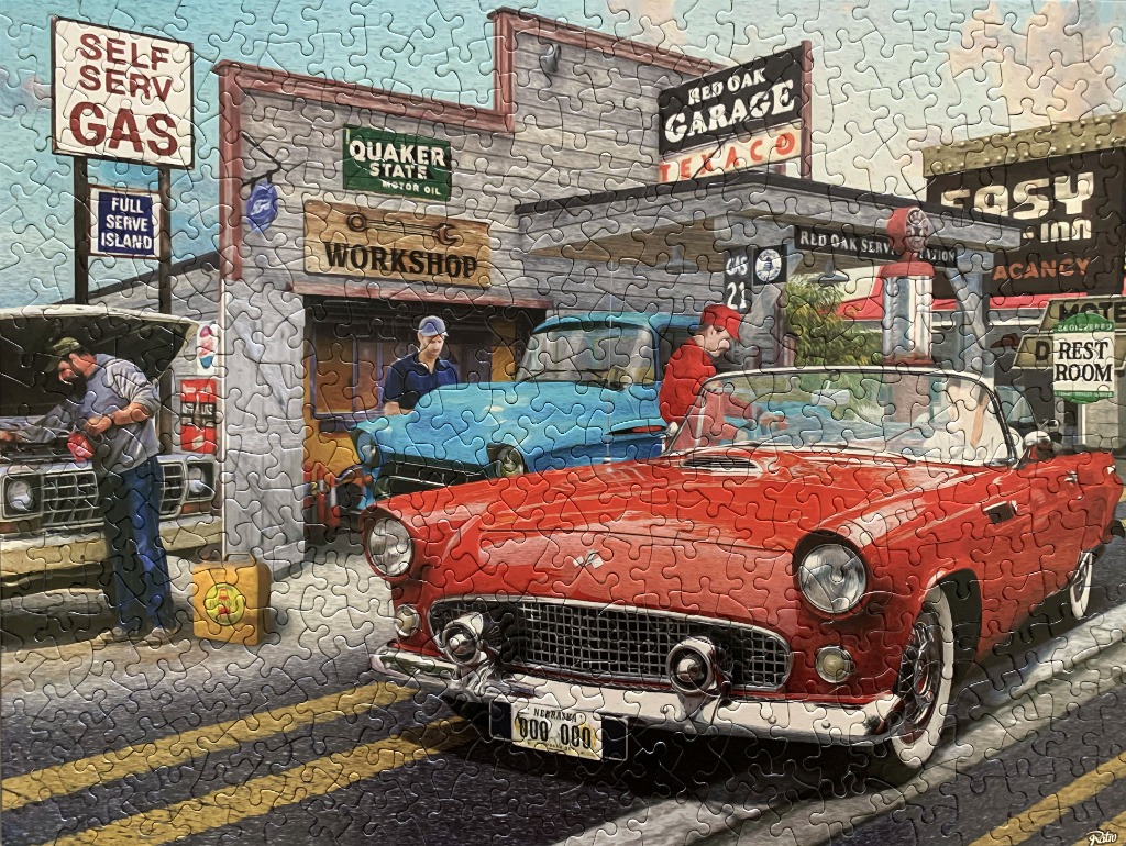 A nostalgic 1950s-style scene of a red convertible at a roadside service station with mechanics at work.
