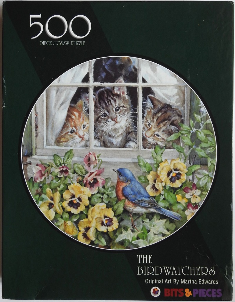 Three kittens looking through a window at a bluebird in a flower garden.