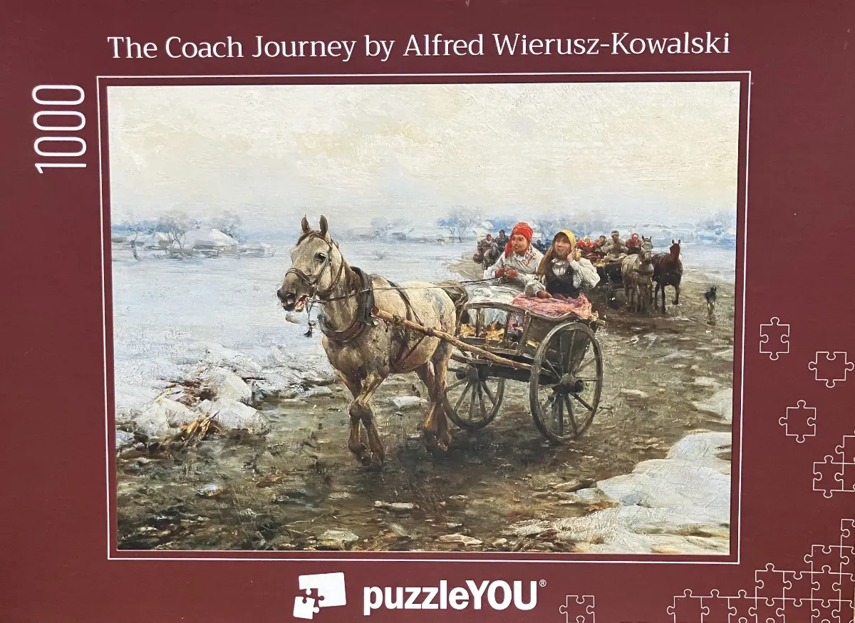 Painting of a horse-drawn carriage carrying passengers through a snowy, muddy landscape.