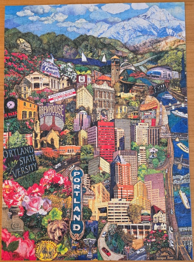 A vibrant collage illustration of Portland, Oregon landmarks, nature, and cityscapes.