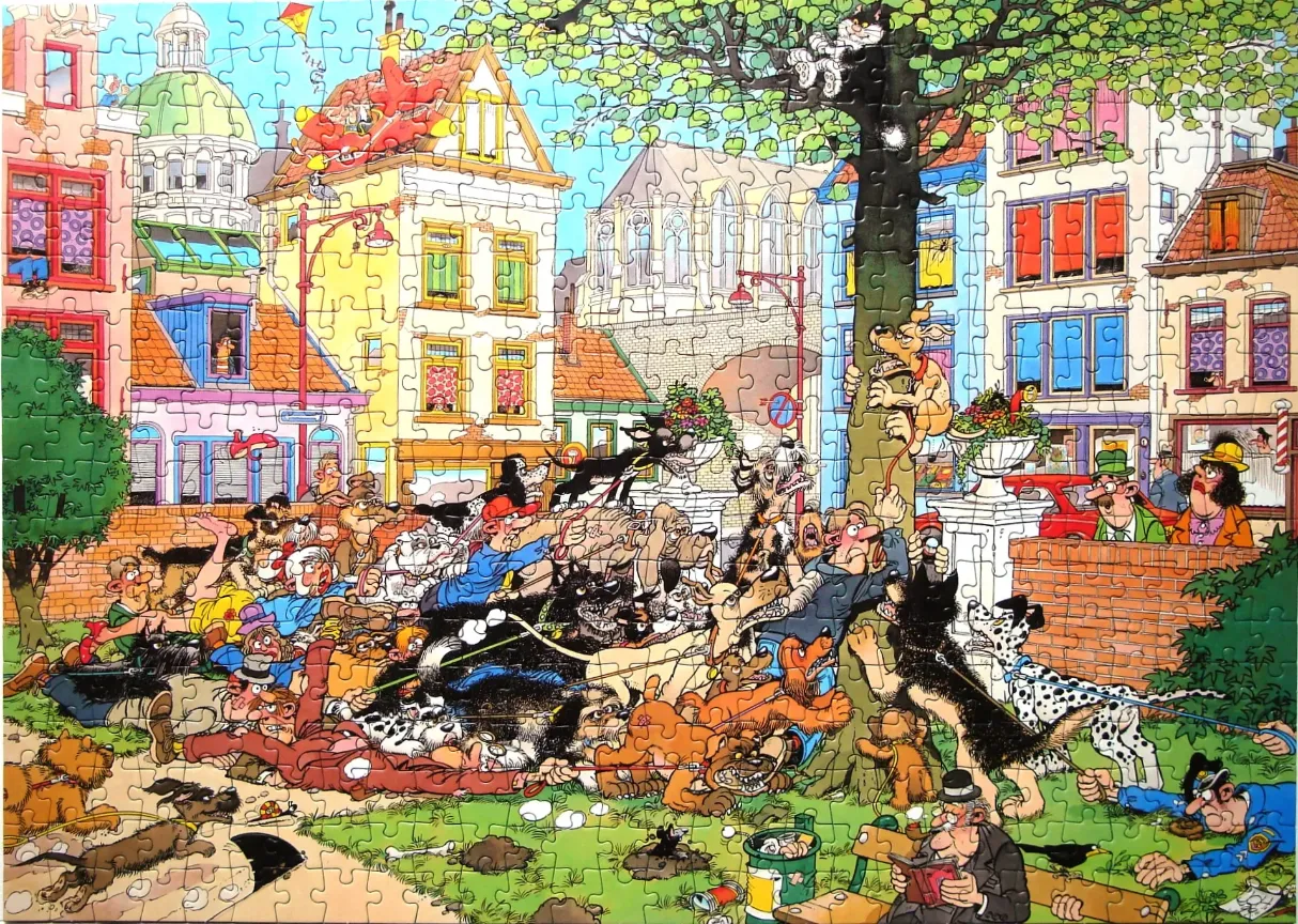 Cartoon scene of a chaotic city park filled with tangled leashes and many different dog breeds