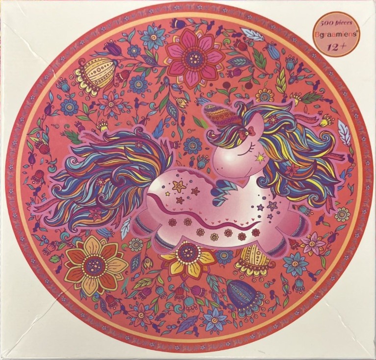 A whimsical illustration of a pink unicorn surrounded by colorful flowers against a vibrant coral-pink circular background.