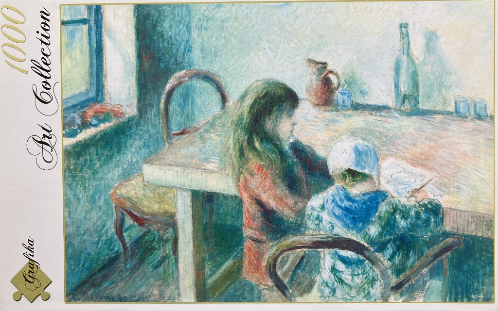 Impressionist painting of two children sitting at a wooden table in a room with a window.