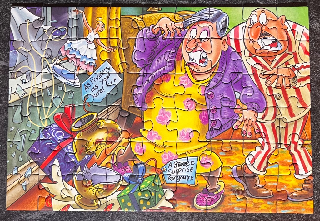 Cartoon image of a surprised couple surrounded by gifts and a dancer.