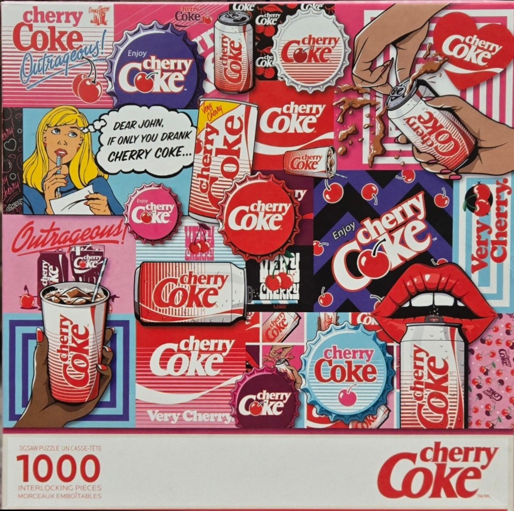 A collage of pop art illustrations featuring Cherry Coke branding, soda cans, bottle caps, and vintage comic styles.