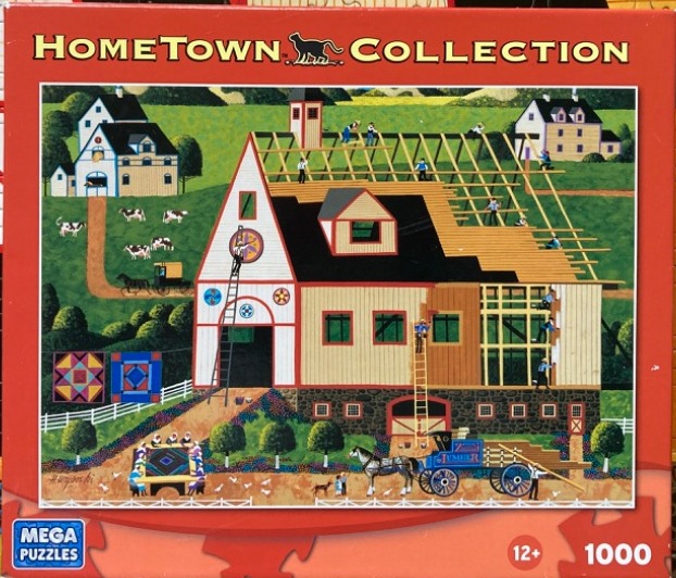 Folk art illustration of carpenters renovating a large barn in a pastoral setting.
