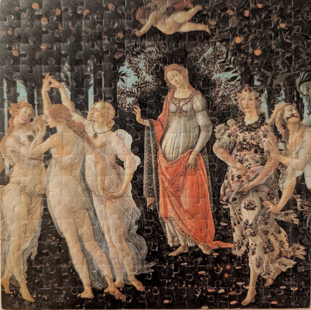 Renaissance painting of the Three Graces dancing beside Venus and Flora in a dark orange grove.