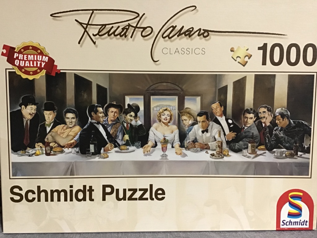 A cinematic painting depicting iconic Hollywood figures seated at a long banquet table in a parody of The Last Supper.