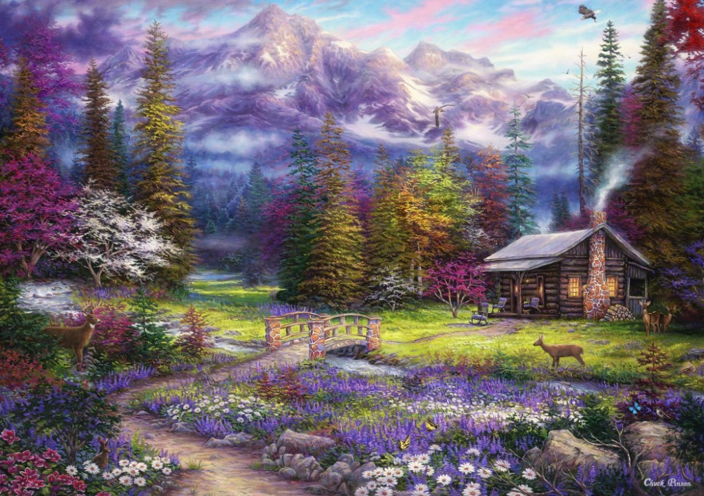 A cozy log cabin nestled in a vibrant mountain valley with a flower-filled meadow and deer in the foreground.