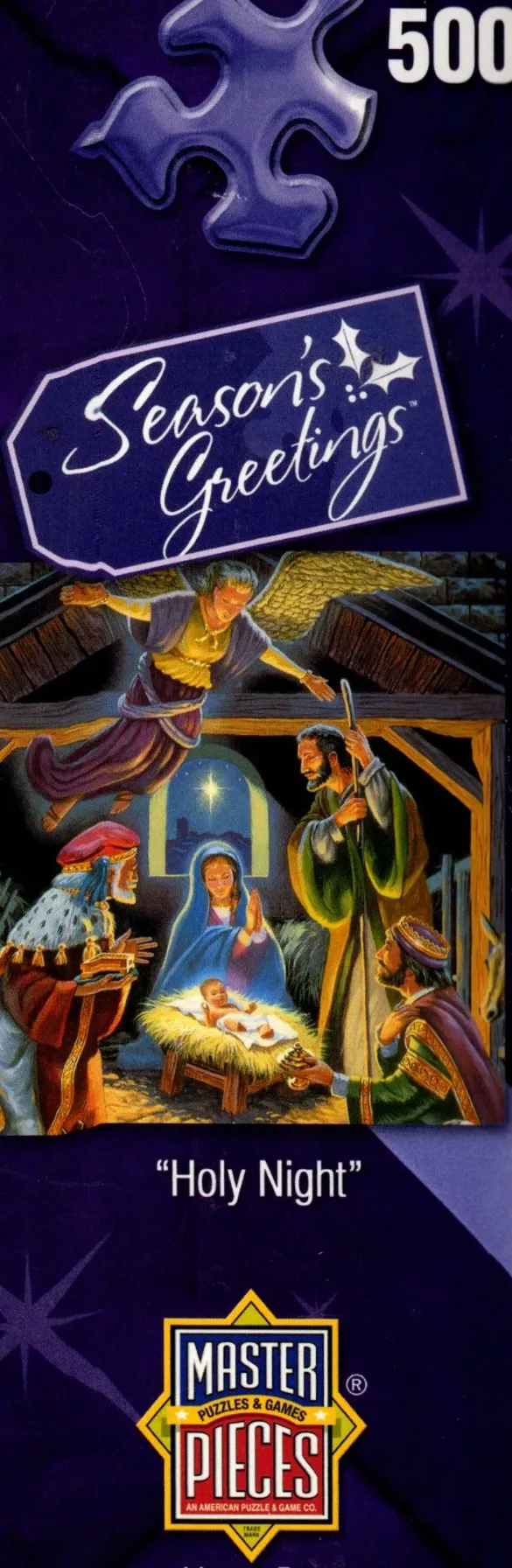 A traditional nativity scene illustration showing Mary, Joseph, the baby Jesus, an angel, and the three wise men.