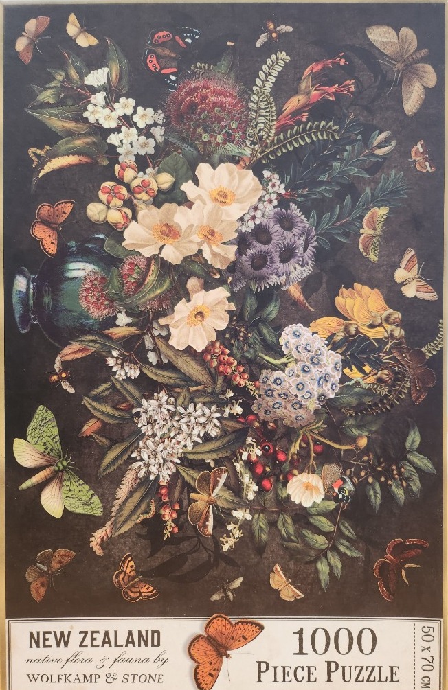 Botanical illustration of New Zealand native flowers and butterflies against a dark background