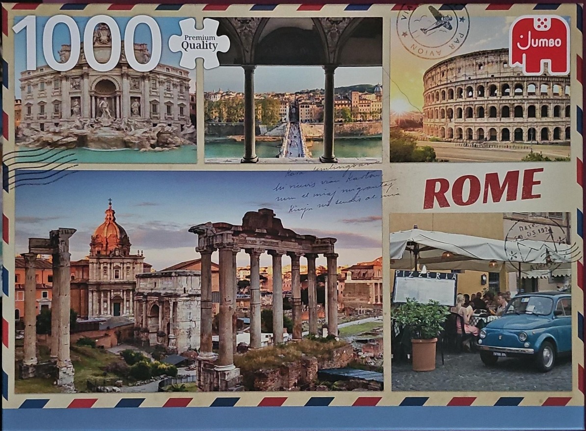 A collage of photographic scenes from Rome, Italy, designed to look like an old airmail envelope.